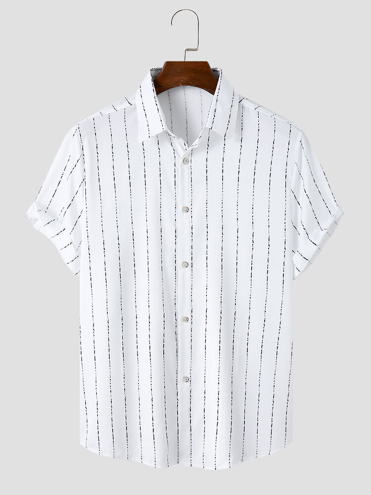 Mens Striped Print Front Buttons Short Sleeve Soft Shirts