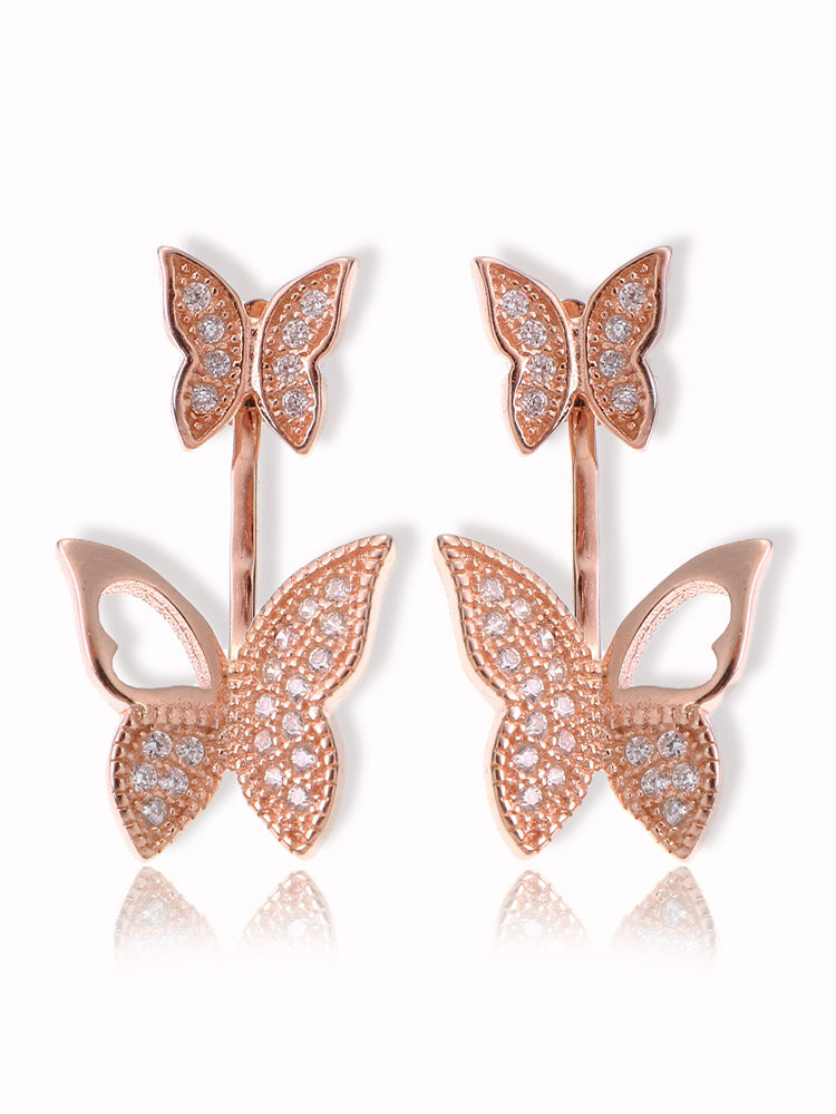 Sweet 925 Sterling Silver Rose Gold Earrings Full Zirconia Butterfly Piercing Ear Jackets for Women