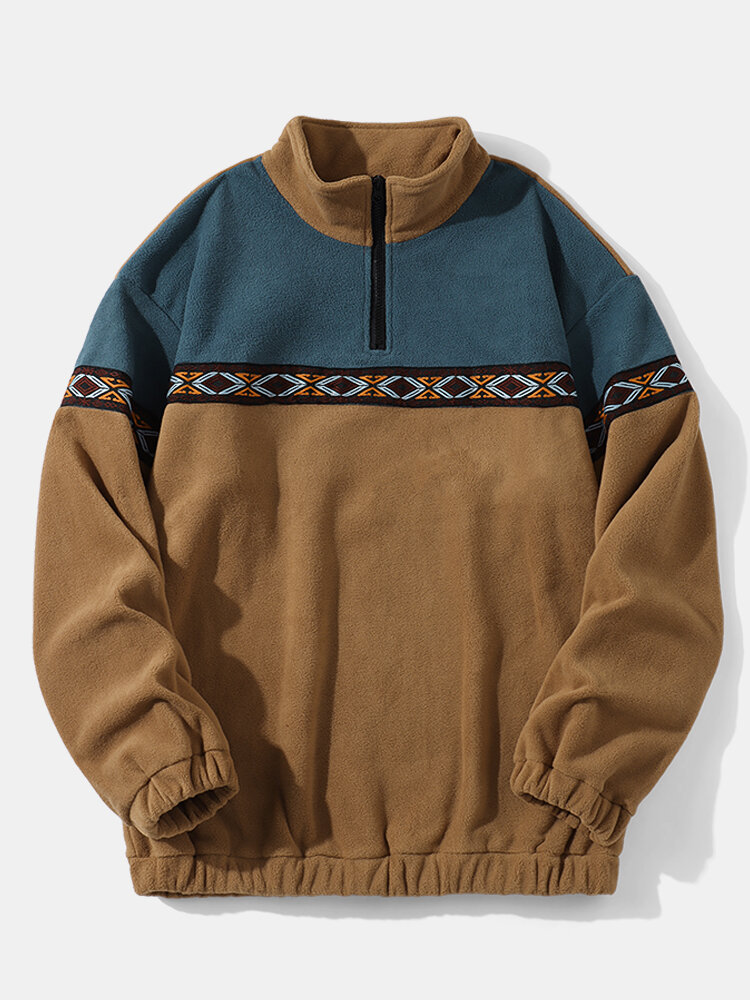 Mens Fleece Ethnic Embroidered Patchwork Half Zip Pullover Sweatshirts