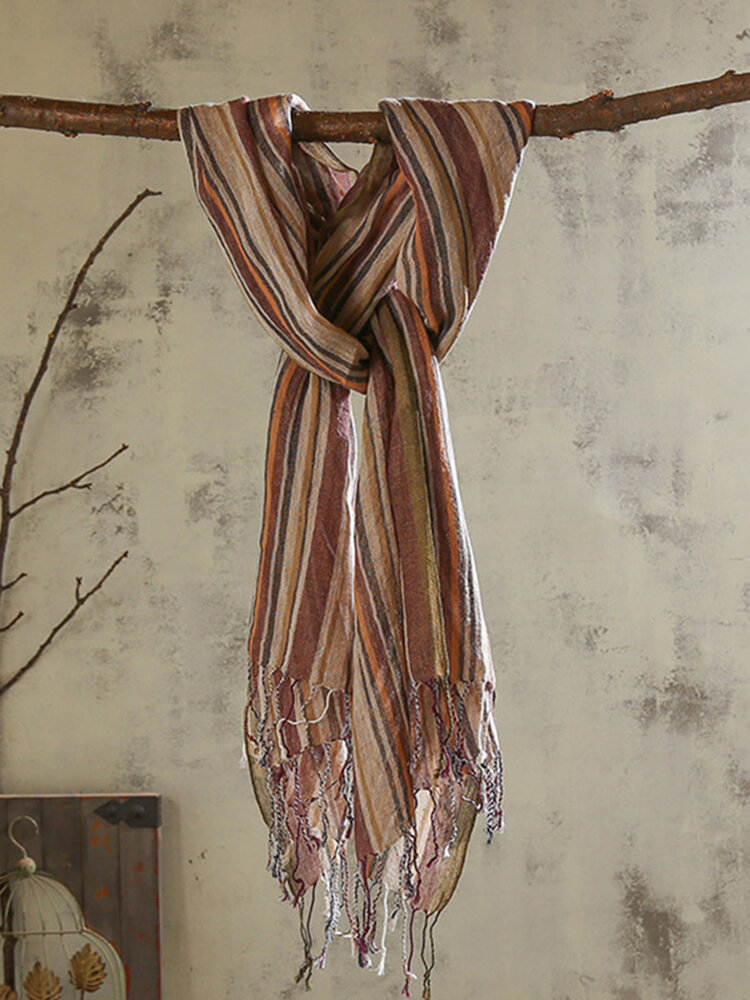 Unisex Cotton Linen Stripe Pattern Tassel Casual All-match Long Scarf