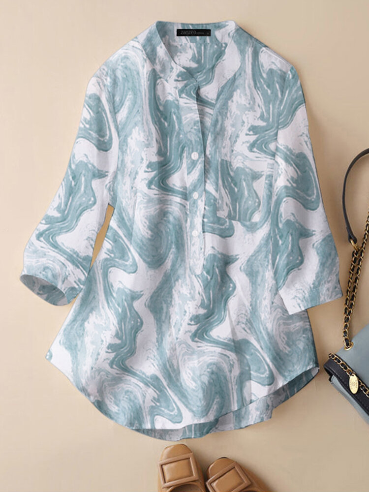 Marble Pattern Button 3/4 Sleeve Stand Collar Casual Blouse