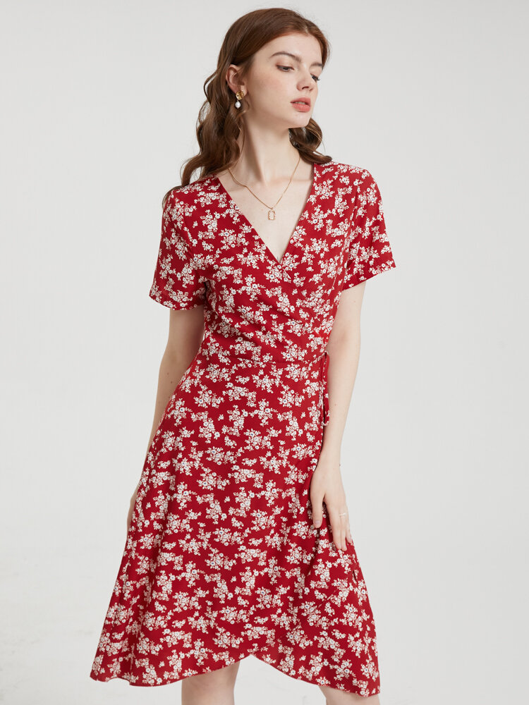 Галстук с цветочным принтом V-образный вырез с коротким рукавом Платье For Женское