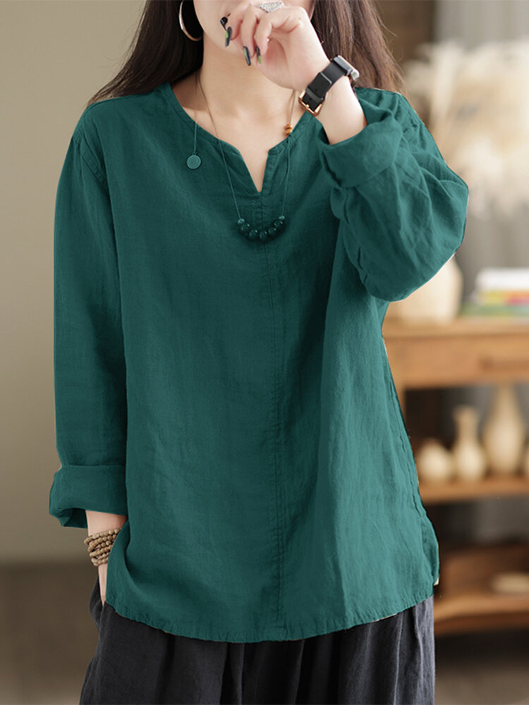 Solid Long Sleeve Notch Neck Blouse For Women
