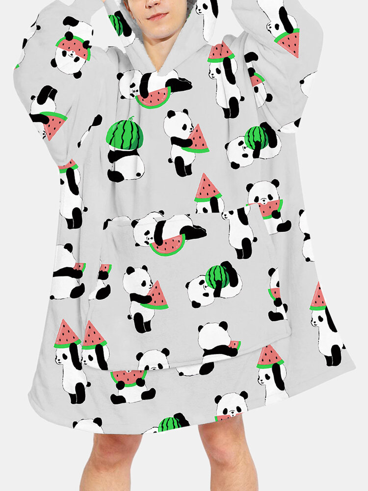 Mens Cartoon Animal Print Sherpa Lined Reversible Blanket Hoodie Warm Loungewear With Pocket
