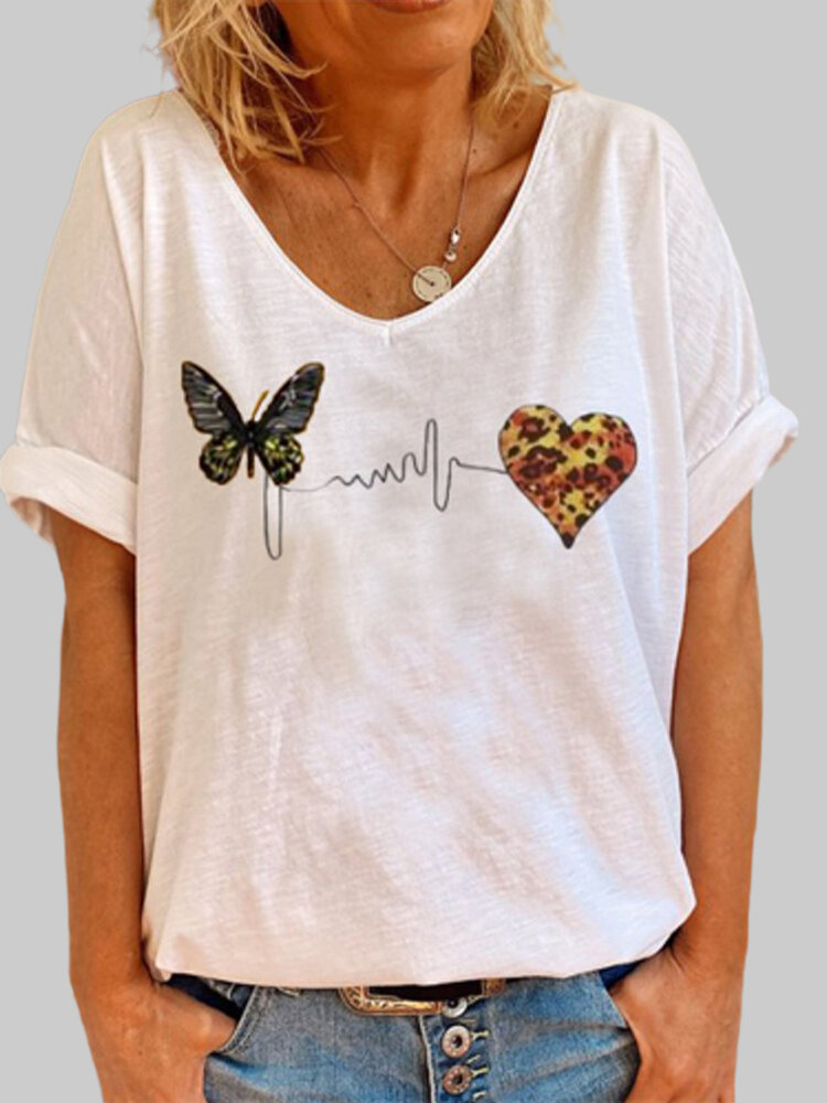 Butterfly Printed V-neck Short Sleeve T-shirt For Women