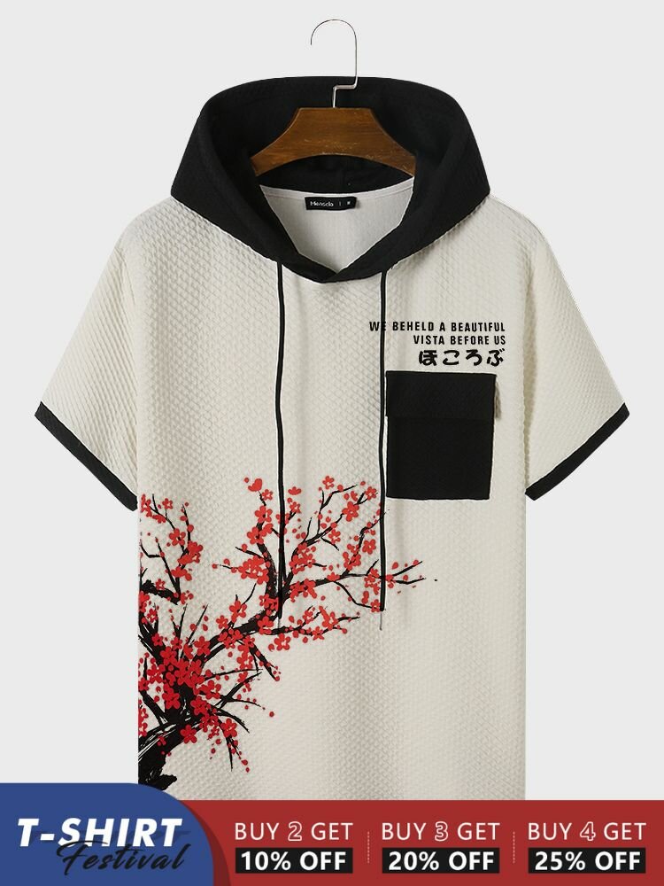 

Mens Japanese Floral Print Patchwork Short Sleeve Hooded T-Shirts, Beige;black