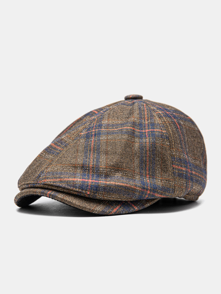 Men Woolen Cloth Blended Vintage Lattice Elastic Adjustable Warmth British Forward Hat Beret Flat Cap