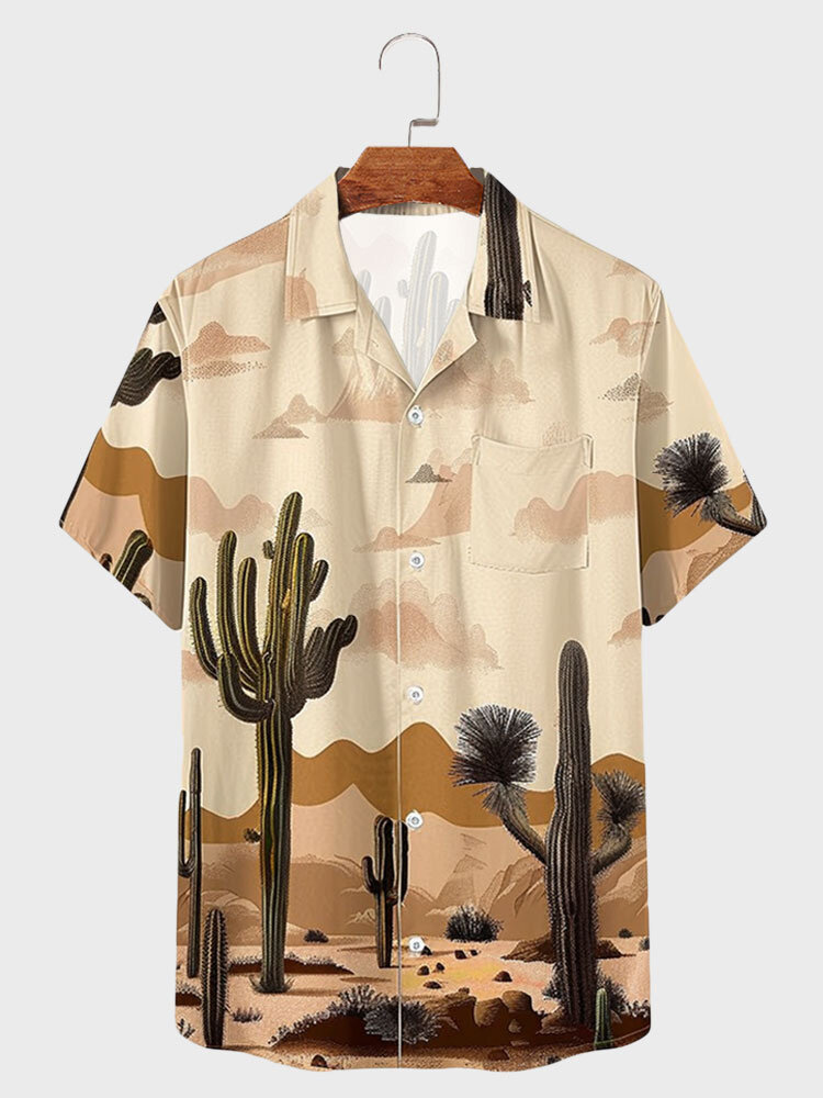 Mens Cactus Desert Landscape Print Short Sleeve Shirts