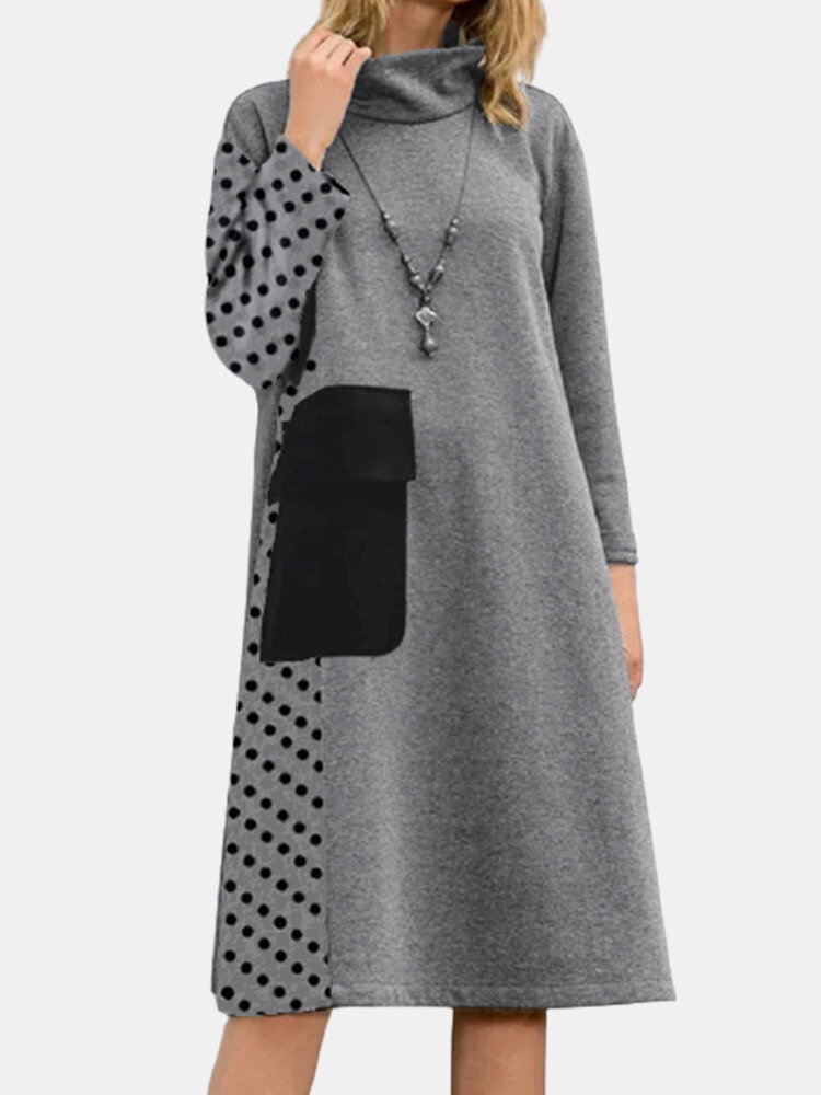

Polka Dots Print Patchwork A-line Vintage Plus Size Dress With Big Pocket, Black;grey