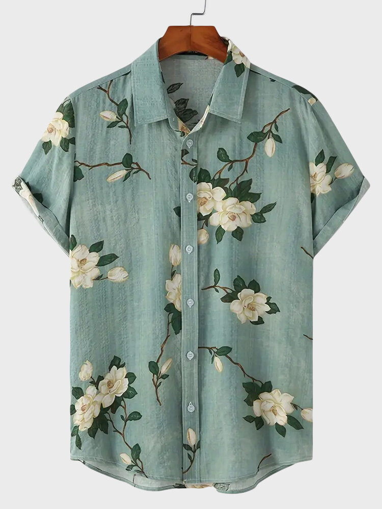 

Mens Allover Floral Print Lapel Button Up Short Sleeve Shirts, Green