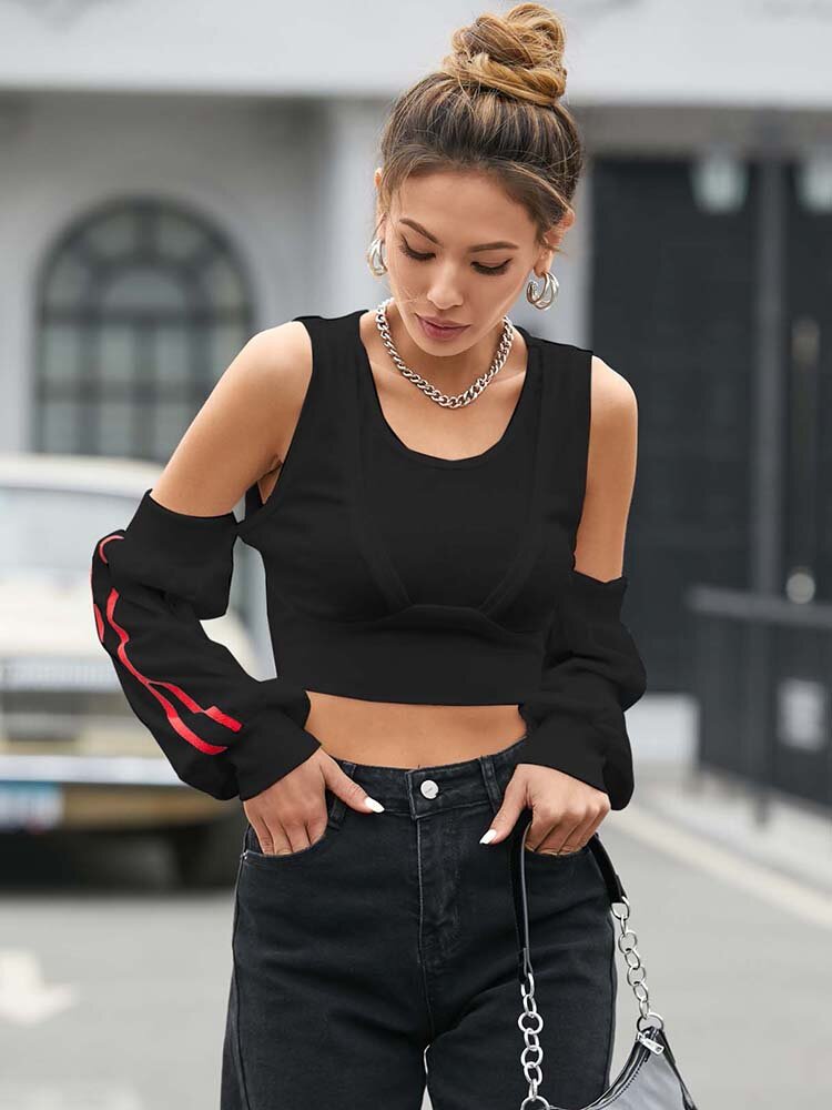 Stripe Off Shoulder Long Sleeve Cut Out Sexy Crop Top For Women