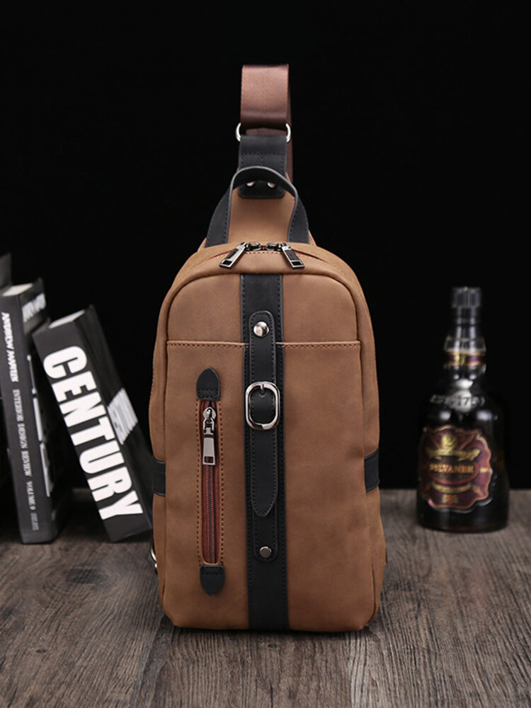 Menico Men PU Leather Vintage Large Capacity Chest Bag Outdoor Portable Crossbody Bag Waterproof Shoulder Bag