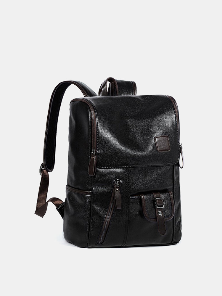 Men PU Leather Solid Vintage Large Capacity Backpack USB Charging Shoulder Bag