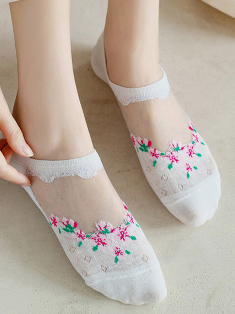 Women Cotton Crystal Silk Floral Pattern Printing Short Socks Invisible Breathable Socks