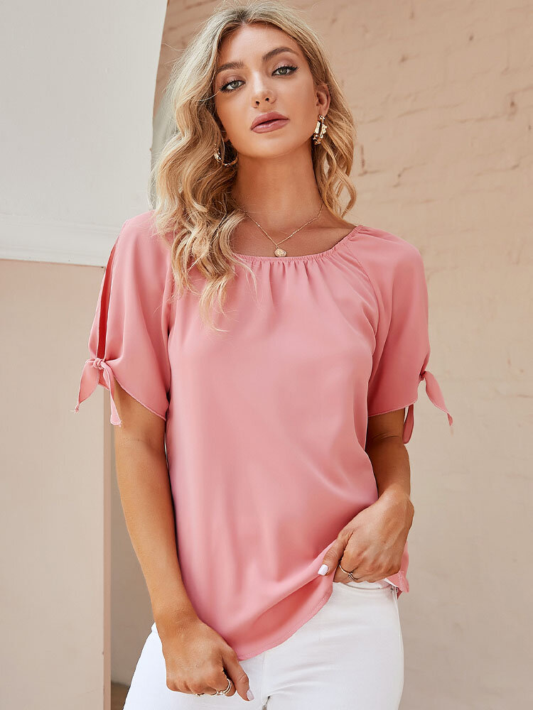 Solid Color Tie-Up At Cuffs Short Sleeve Blouse