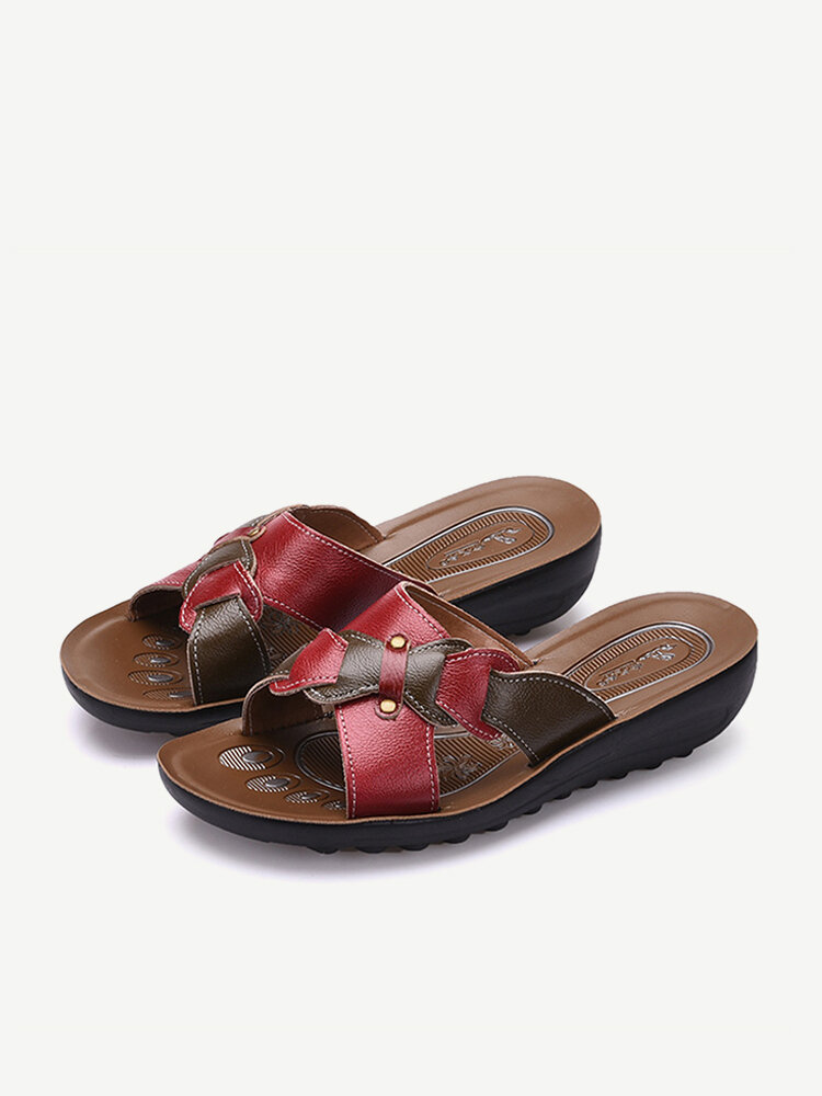 Bow Leather Button Flat Sandals