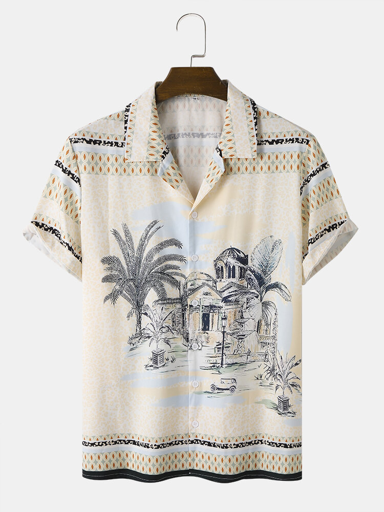 Mens Vintage Villa Plant Print Revere Holiday Short Sleeve Shirts