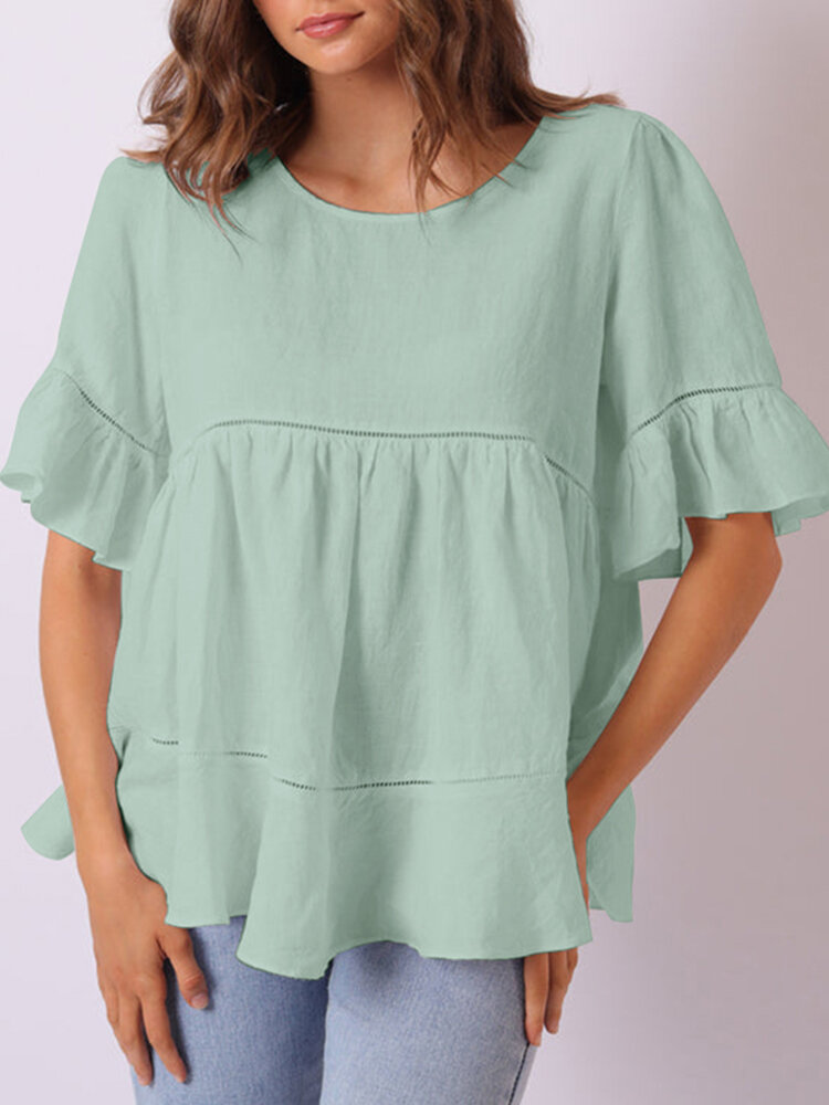 Ruffle Sleeve Crew Neck Solid Casual Tiered Blouse