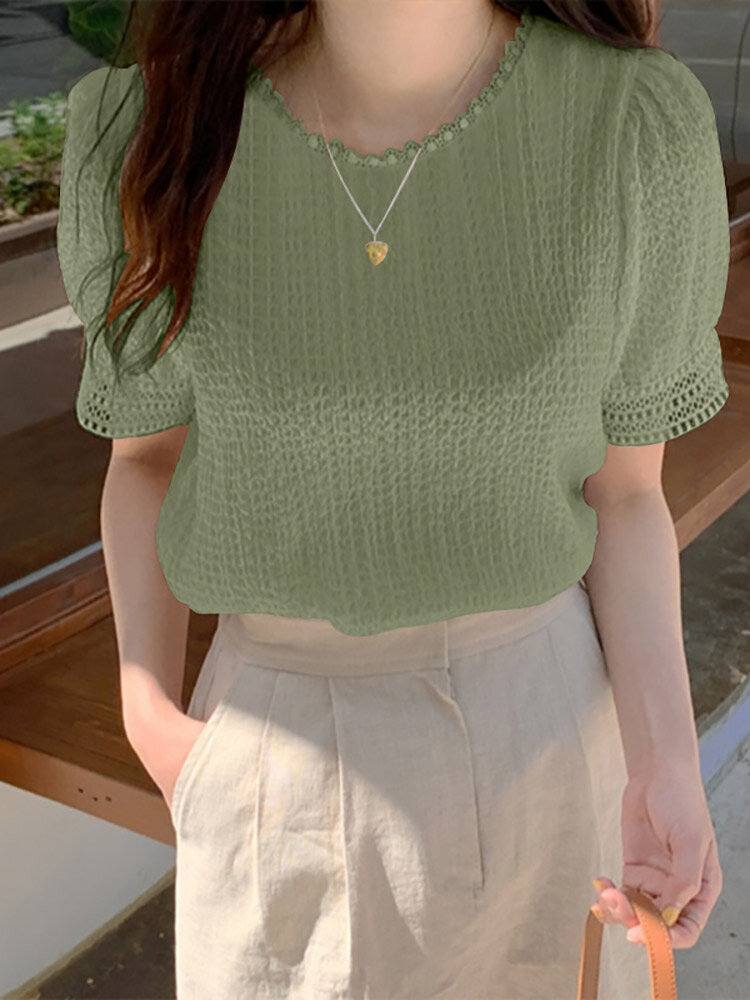 Textured Lace Stitch Solid Puff Sleeve Crew Neck Blouse