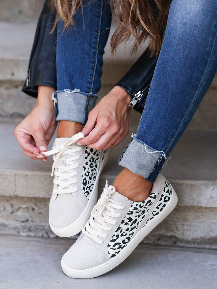 Women Casual Lace-up Leopard Patchwork Suede Antiskid Skate Shoes