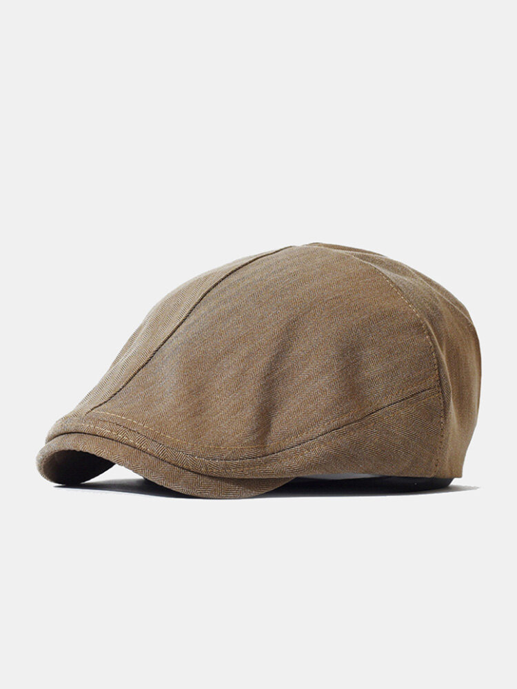 Men Cotton Linen Solid Herringbone Stripes Elastic Adjustable Casual Forward Hat Painter Hat Beret Flat Cap