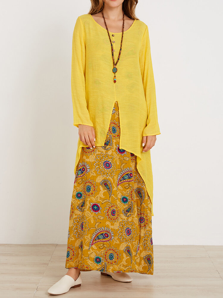 Vintage Langarm Maxi mit ethnischem Muster O-Ausschnitt Kleid Für Damen