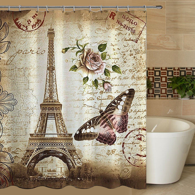 180x200cm Paris Bathroom Shower Curtain Eiffel Tower Waterproof Fabric & Hooks
