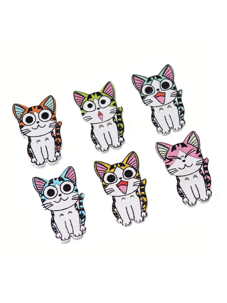 50 Pcs Cat Wooden Buttons 2 Hole Natural Print Craft Wood Sewing kitty Button Making Clothing