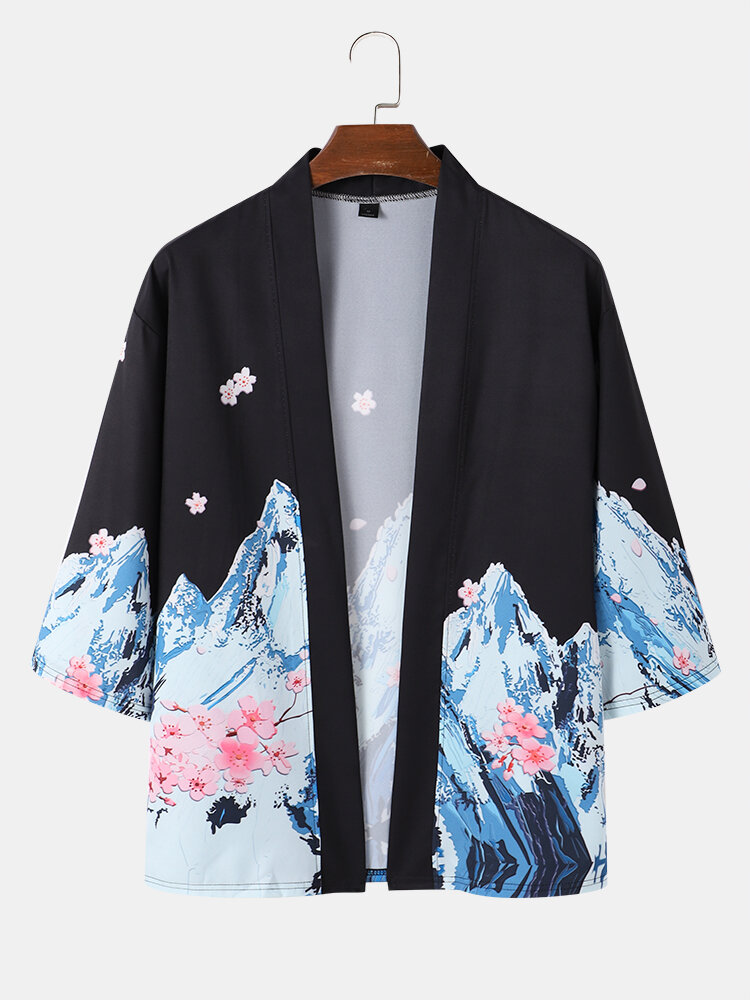 Mens Cherry Blossoms Mountain Print Open Front Loose 3/4 Sleeve Kimono