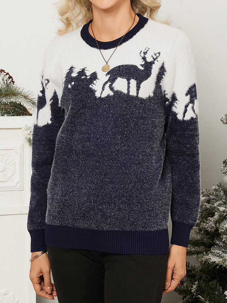 Christmas Cartoon Animal Jacquard Long Sleeve Sweater