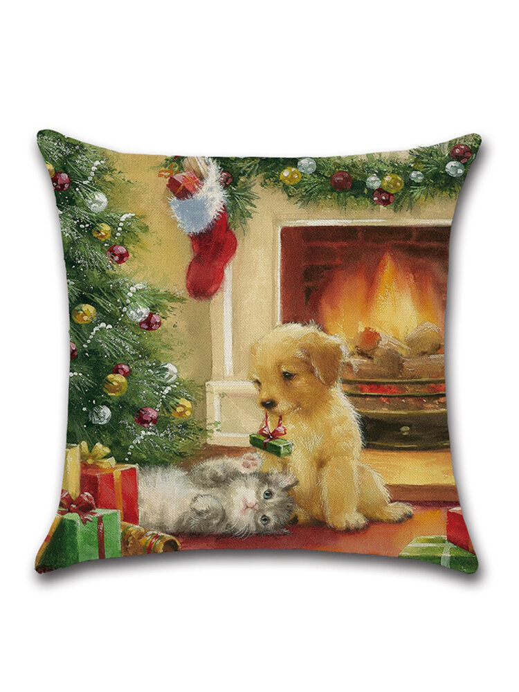 Retro Christmas Santa Doggy Linen Throw Pillow Case Home Sofa Cushion Cover Christmas Gift Decor