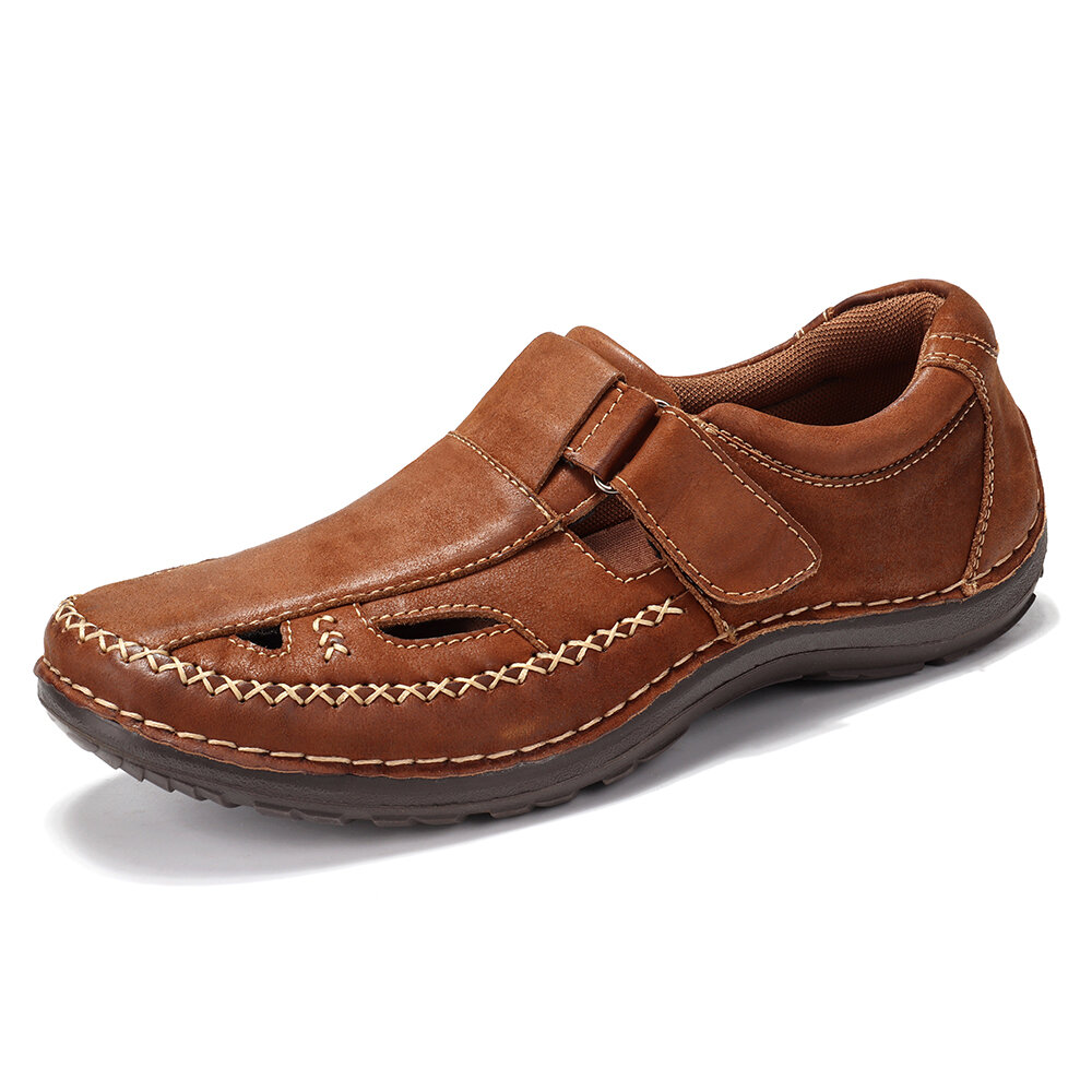 Menico Men Retro Leather Stitching Non Slip Hook Loop Casual Sandals 