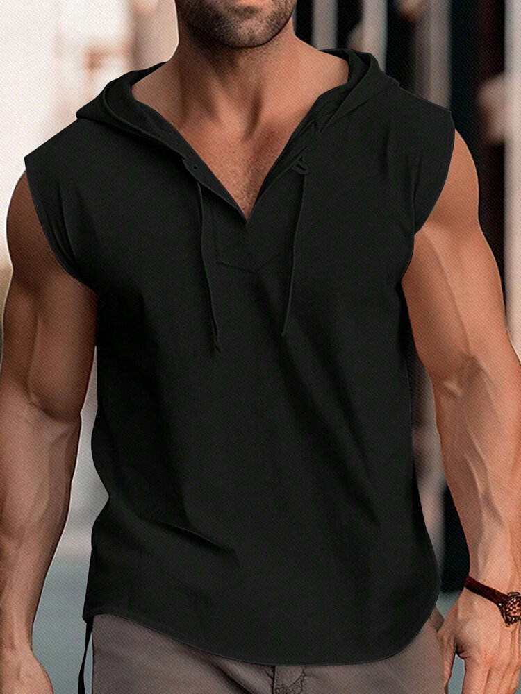 Mens Solid Hooded Casual Sleeveless Tanks