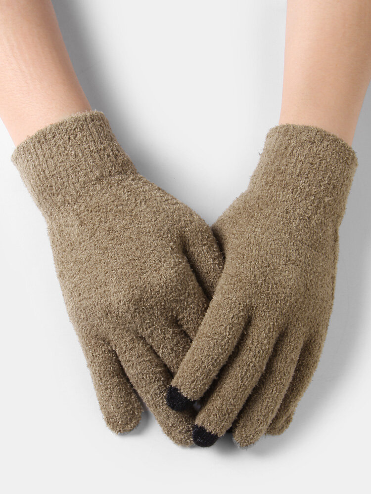 Unisex Knitted Solid Color Screen Touchable Double-faced Velvet Thick Warmth Full Finger Gloves