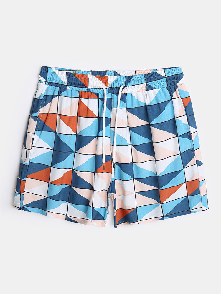 Mens Colorful Geometry Print Drawstring Holiday Swim Trunk With Pocket
