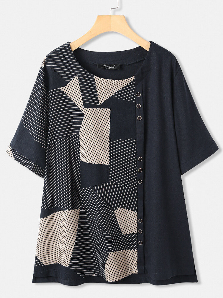 Geometric Patchwork Short Sleeve Button Plus Size T-shirt