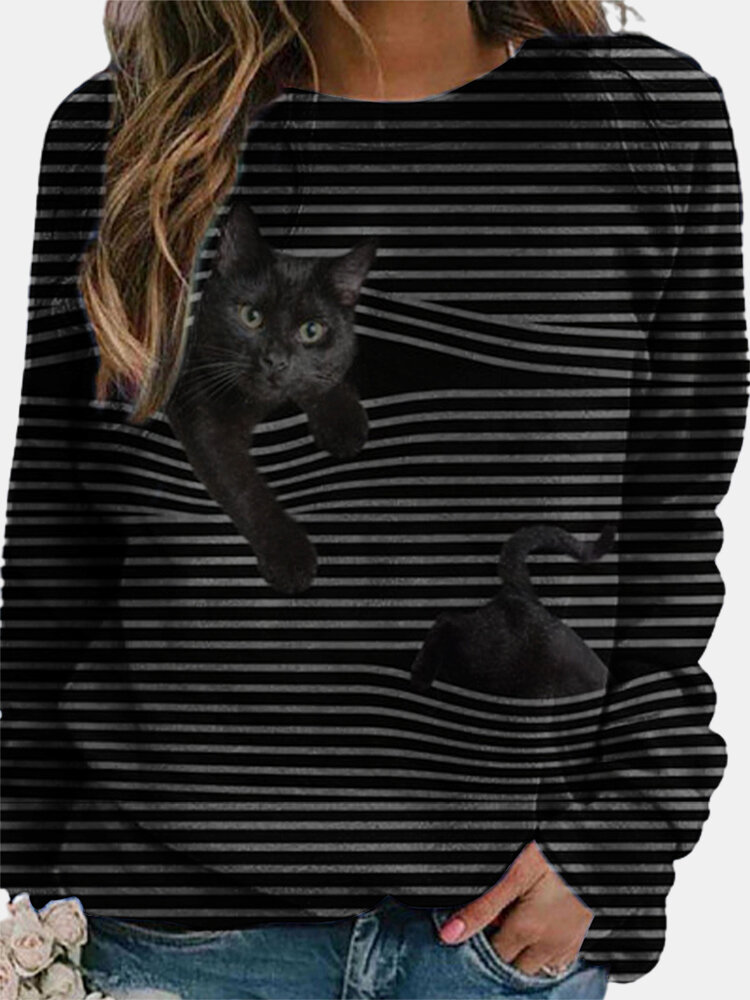 T-shirt Cat Print manga comprida Black às riscas Plus tamanho