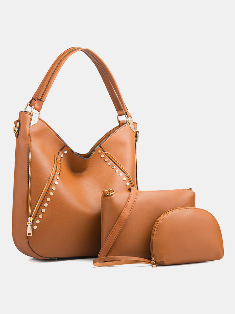 Womens Brown Large Capacity Rivet PU Leather Purses Satchel Handbags Shoulder Tote Bag Crossbody 3 PCS Purse Set