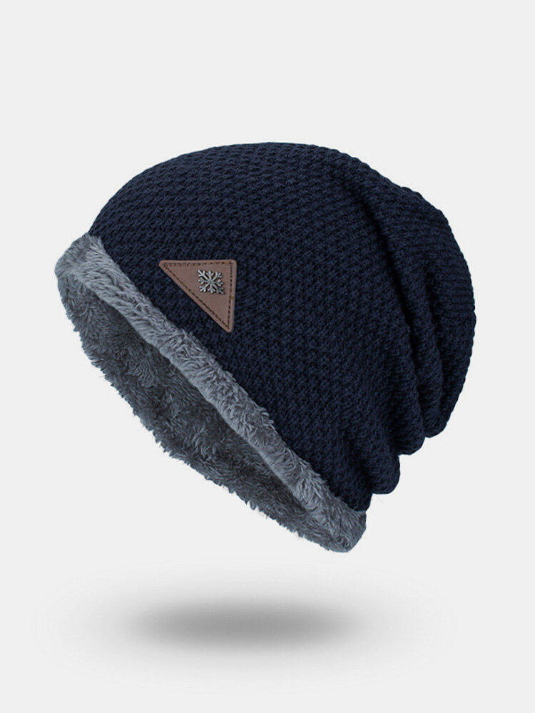 Men Knitted Plus Velvet Thickened Solid Color Jacquard Metal Snowflake Leather Label Warmth Casual Brimless Beanie Hat