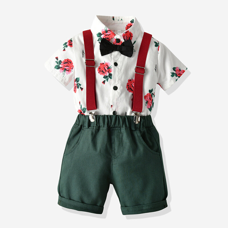 

3Pcs Boy's Gentlemen Print Shirt +Suspender Short Pants Birthday Fomal Suit For 2-10Y, Red;green