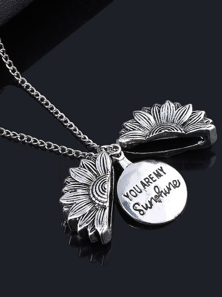 Vintage Special Sunflower Double Lettering Necklace You Are My Sunshine Open Pendant Necklace