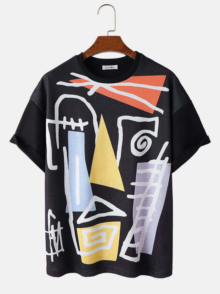 Camisetas de manga corta sueltas con estampado geométrico abstracto para hombre Cuello