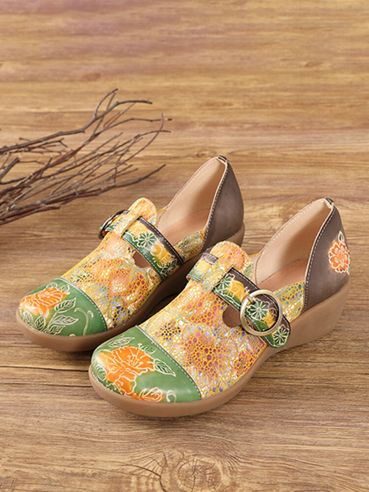Socofy Genuine Leather Casual Bohemian Ethnic Floral Buckle Soft Comfy Wedges Shoes