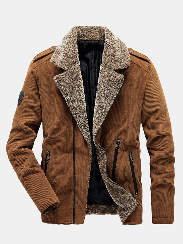 Mens Vintage Corduroy Solid Color Thicken Fleece Lapel Casual Warm Jacket