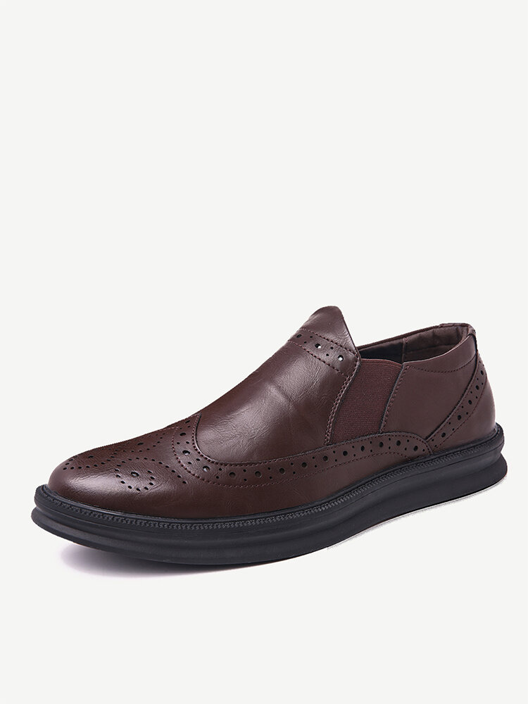 Men Carved Leather Elastic Panels Non-slip Slip On Casual Formal Shoes