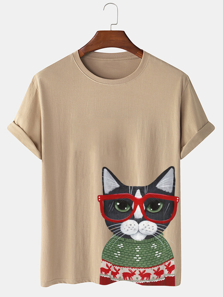 T-shirts décontractés à manches courtes pour hommes, motif chat de dessin animé, col ras du cou, hiver