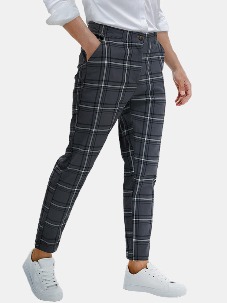 Mens Check Plaid Zipper Fly Casual Pants With Pocket