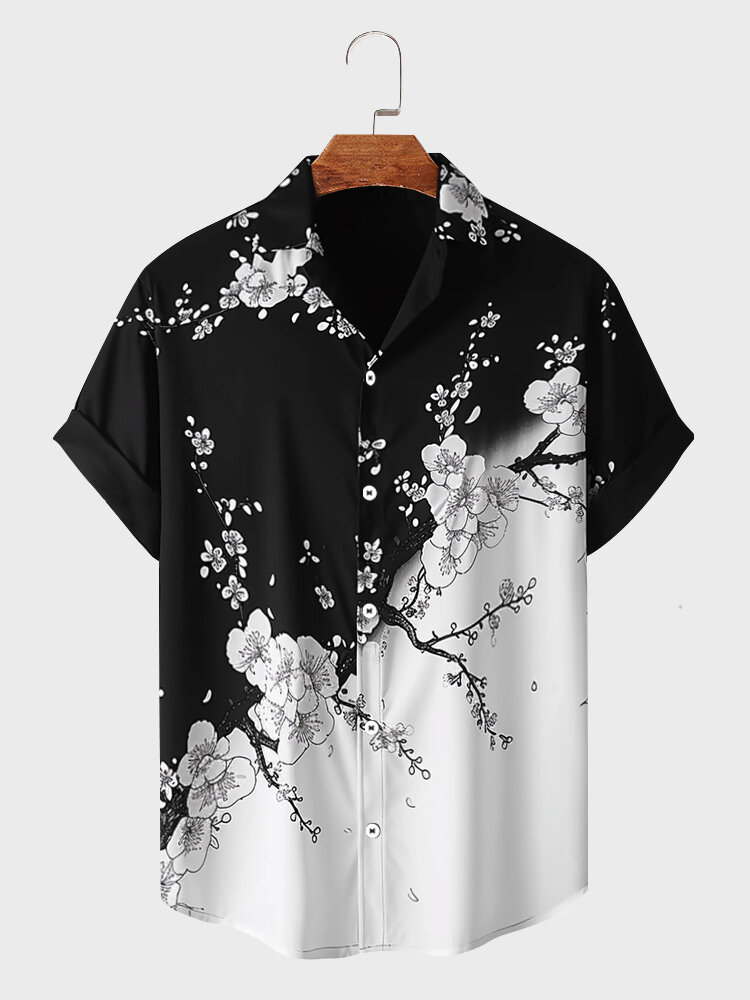 

Mens Monochrome Japanese Cherry Blossoms Print Lapel Short Sleeve Shirts, White