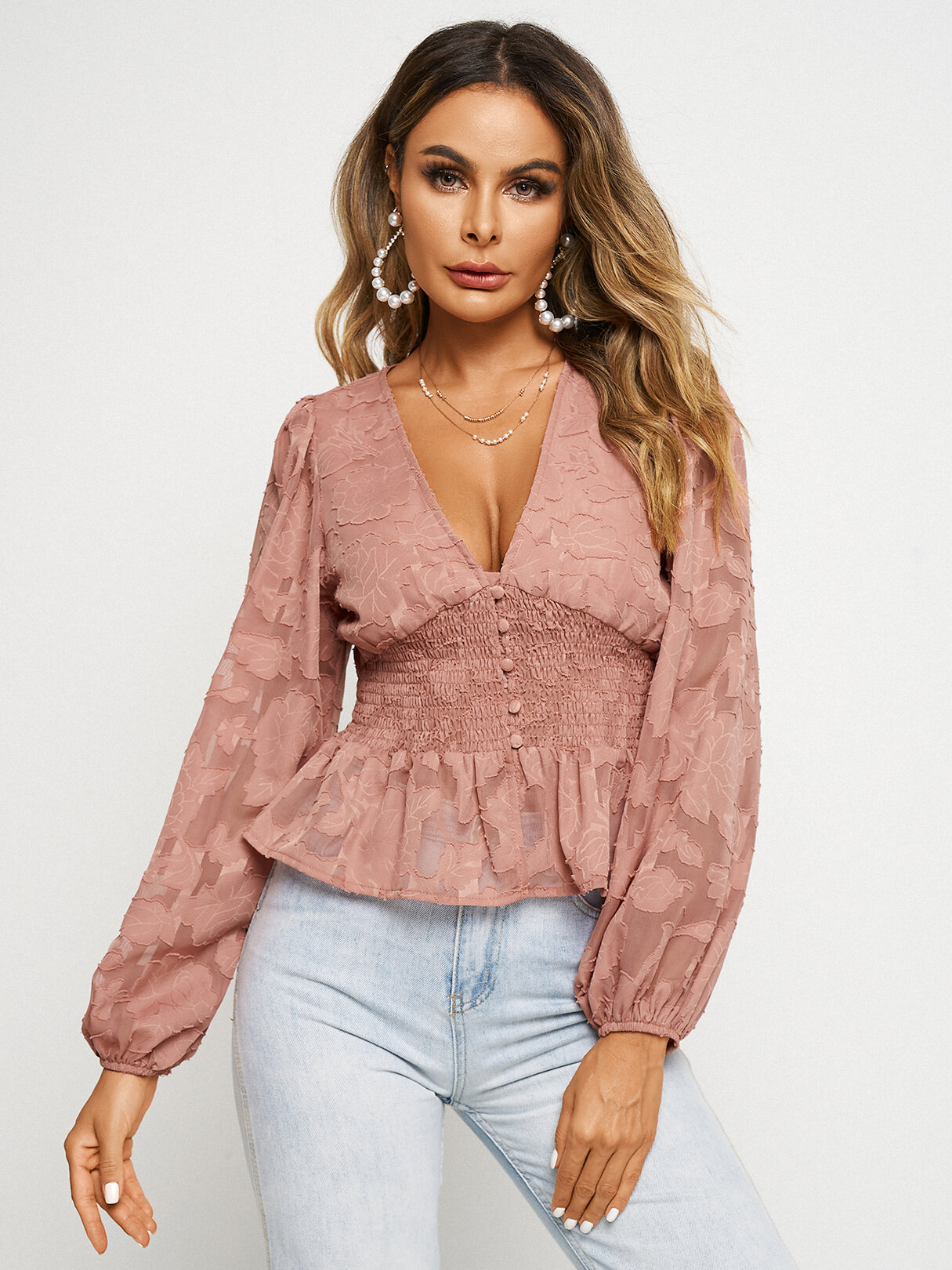 V-Neck Shirred Button Design Textured Puff Sleeve Blouse