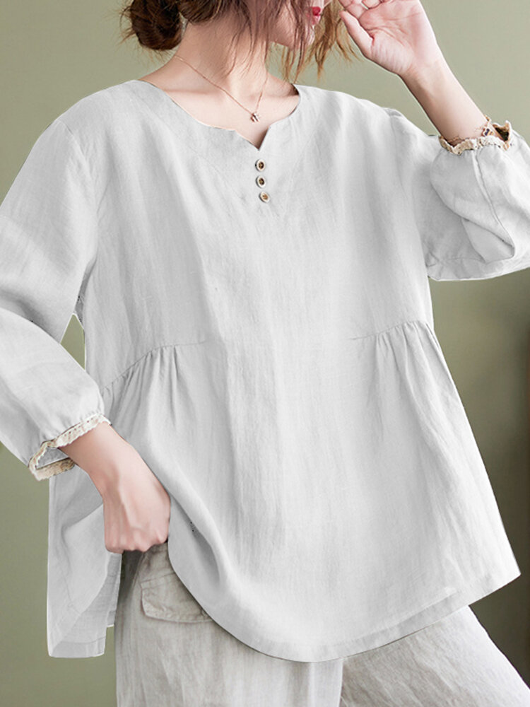 Lace Trim Long Sleeve Casual Crew Neck Blouse